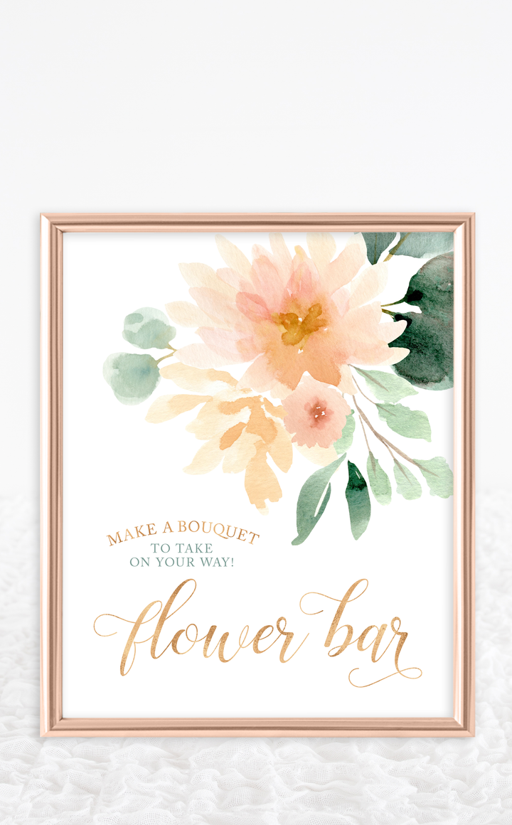 Peach floral and greenery bridal shower sign for flower bar - make a bouquet to take on your way