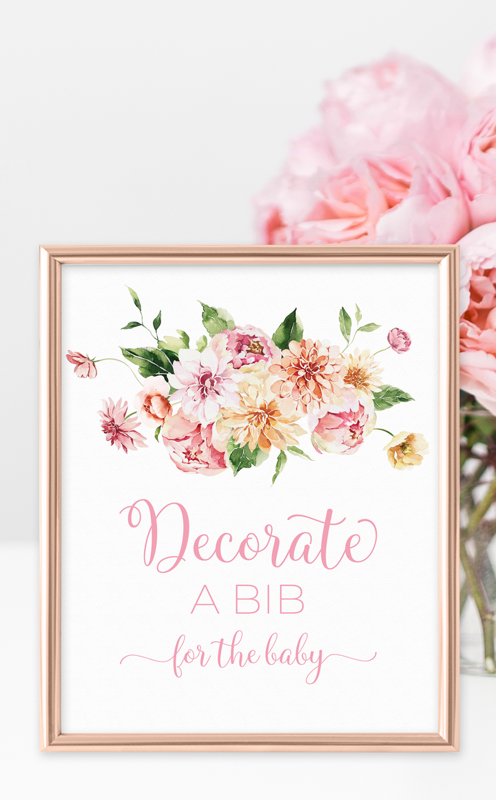 Pink Floral Decorate a Bib Baby Shower Sign - ARRA Creative