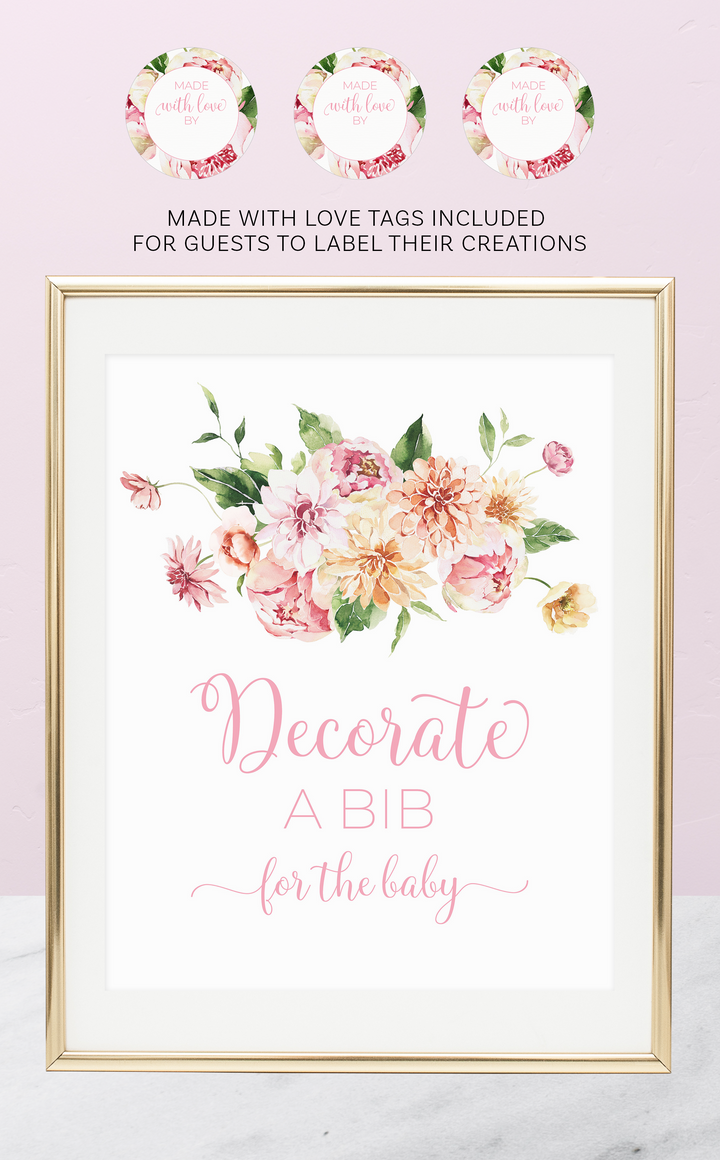 Pink Floral Decorate a Bib Baby Shower Sign - ARRA Creative
