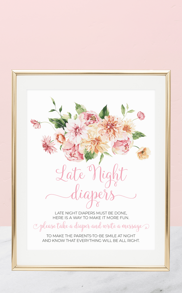 Pink Floral Late Night Diapers Activity Sign - ARRA Creative