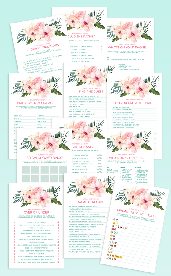 Tropical Bridal Shower Games Bundle | Personalize, Print and Play ...