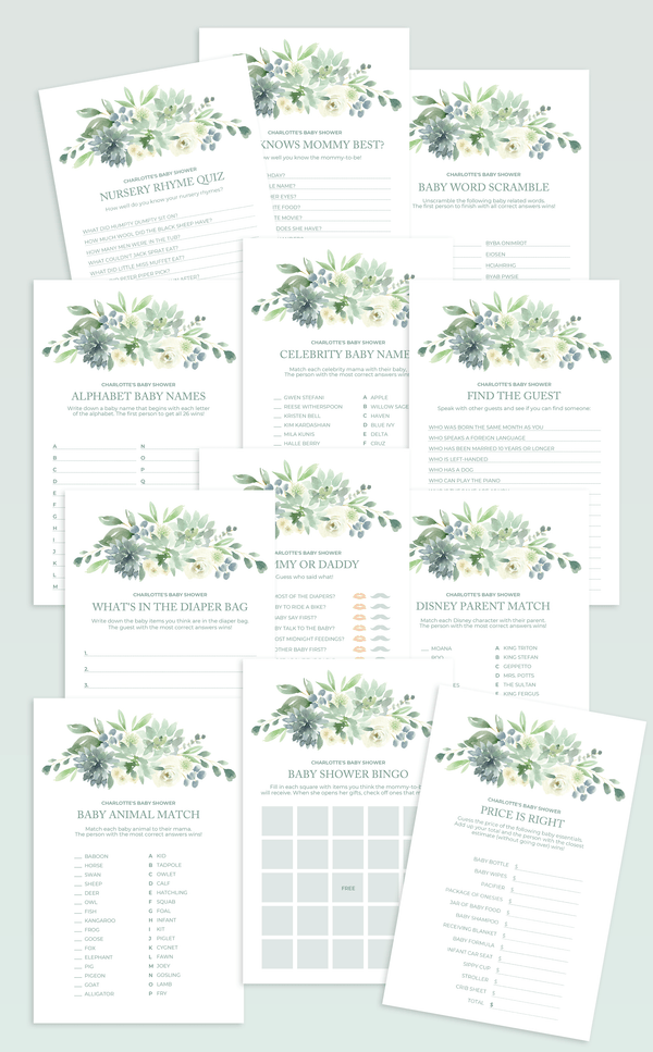 rhymes with succulent Succulent Baby Shower Games Package