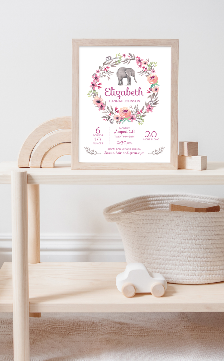Baby Girl Birth Stats Nursery Print | Digital Birth Information Poster ...
