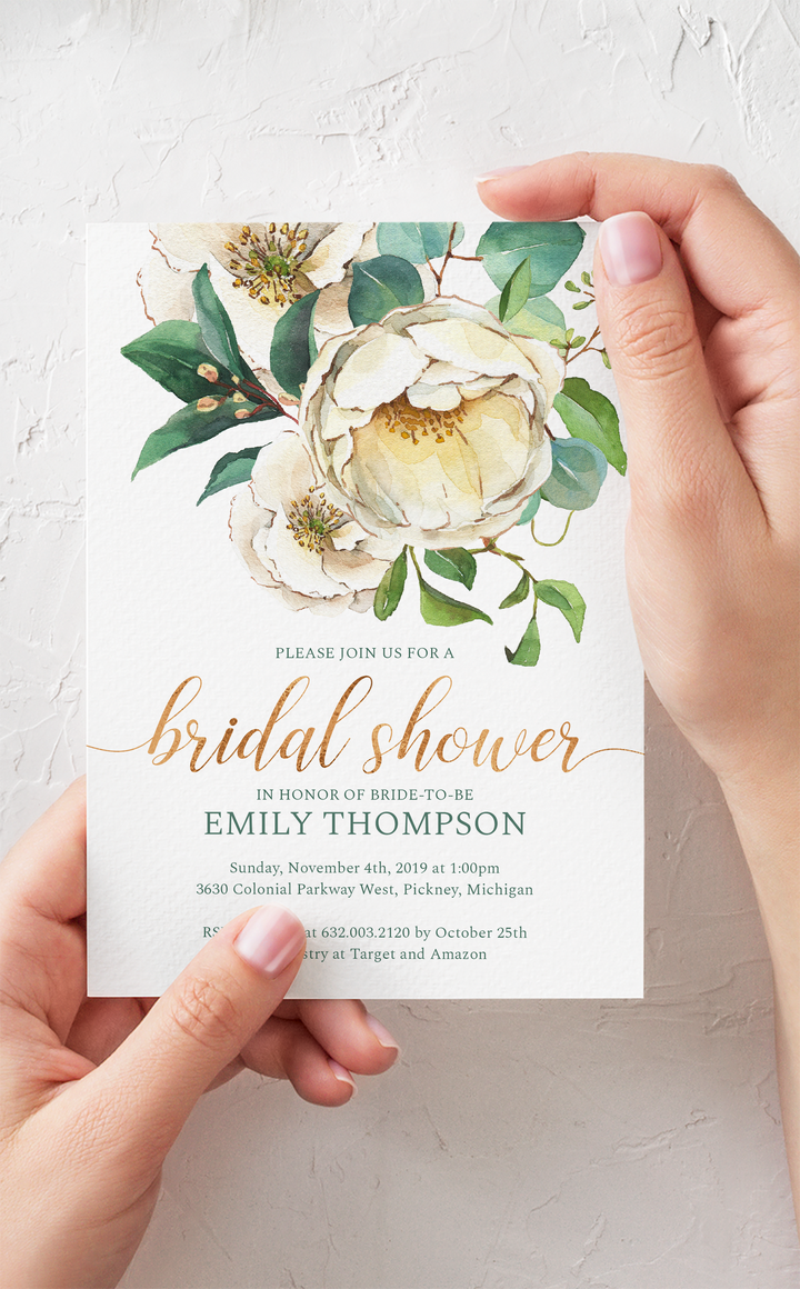 White Floral and Greenery Bridal Shower Invitation - ARRA Creative