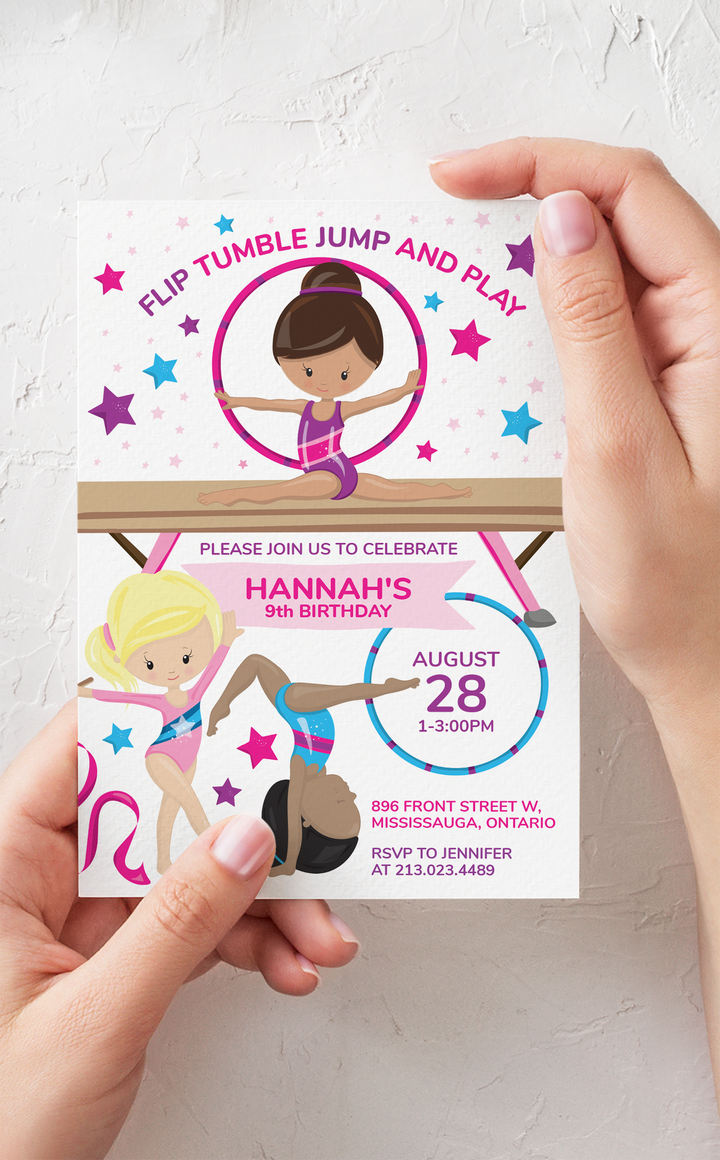 Printable gymnastics birthday invitation for girl birthday party