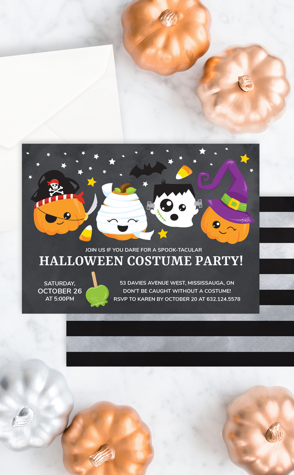 Halloween costume party invitation for kids with pumpkins