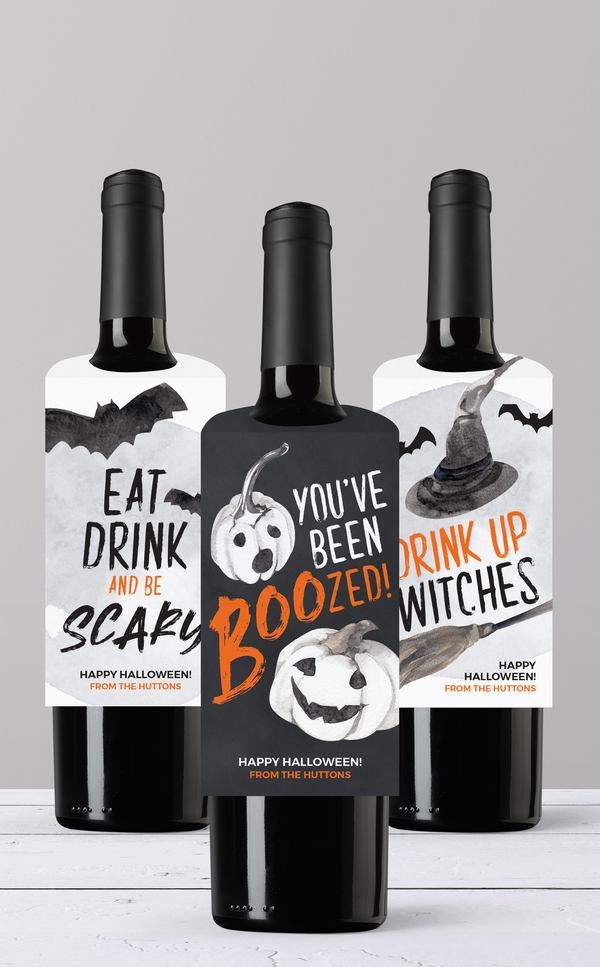 Halloween gift tags on wine bottles, you've been boozed, drink up witches