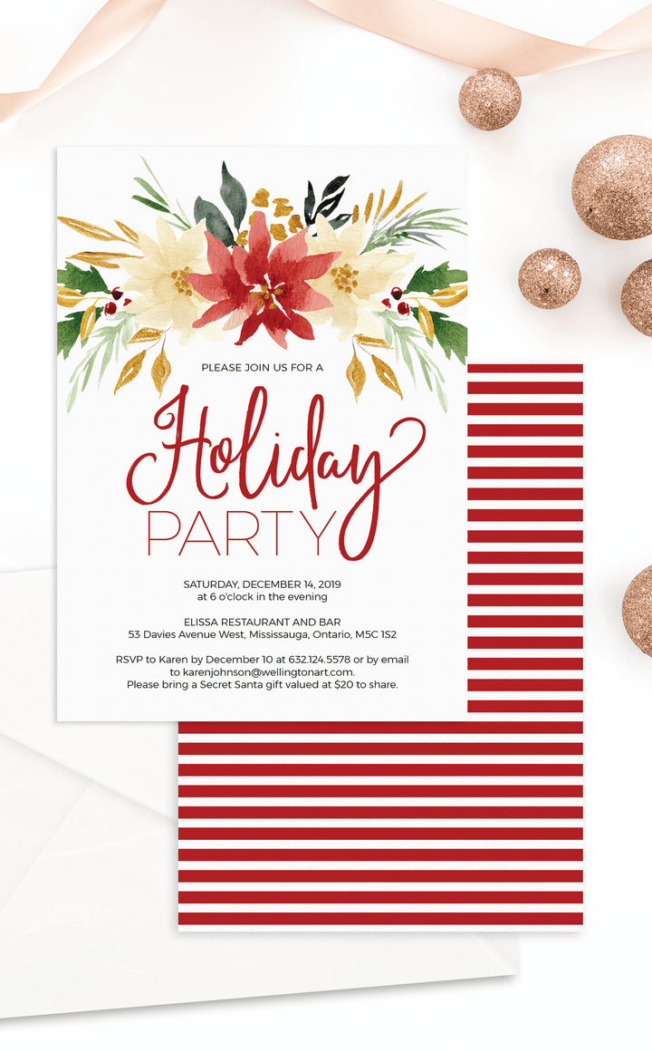 Festive Holiday Party Invitation with Poinsettia Floral Bouquet