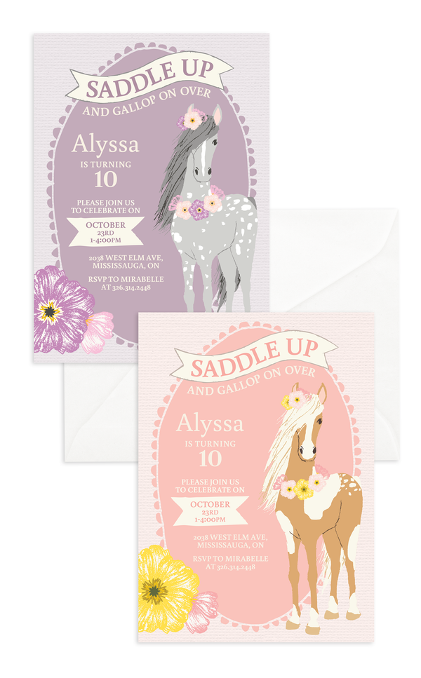 Horse birthday invitation in pink or purple for kids pony birthday