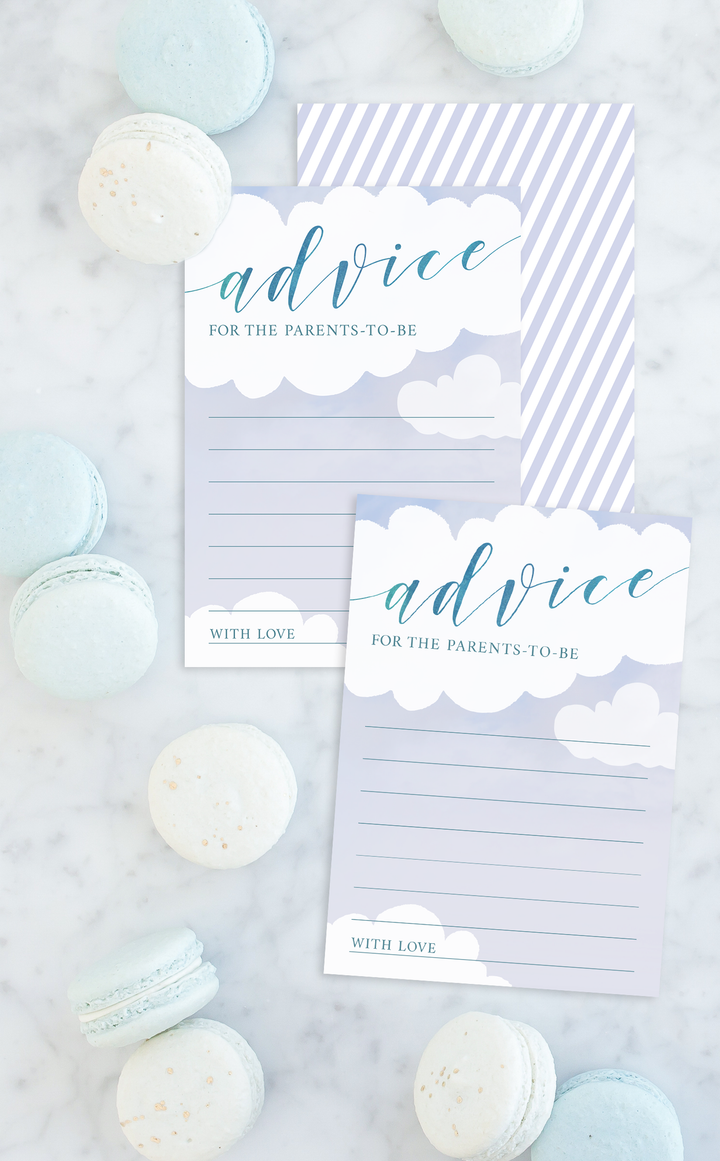 Light blue printable Baby Shower advice cards with sky and clouds design