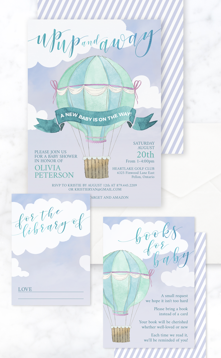 Hot air balloon Baby Shower invitation and book request cards