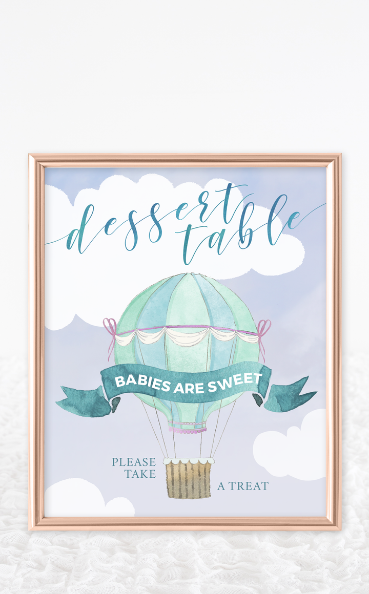 Hot air balloon dessert table sign to display at Baby Shower dessert bar