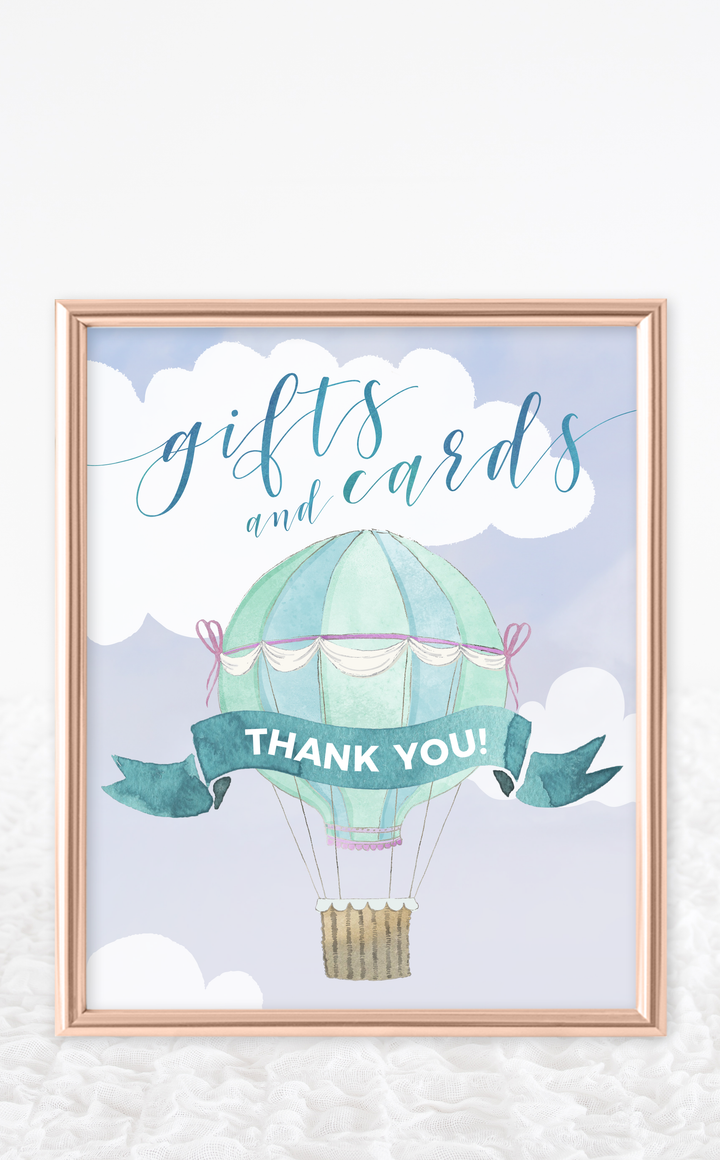 Hot air balloon gifts and cards sign to display on gift table at Baby Shower