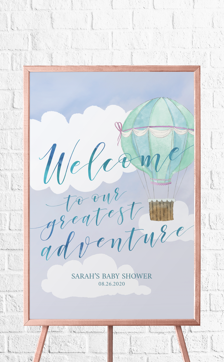 Hot air balloon Baby Shower welcome sign on easel
