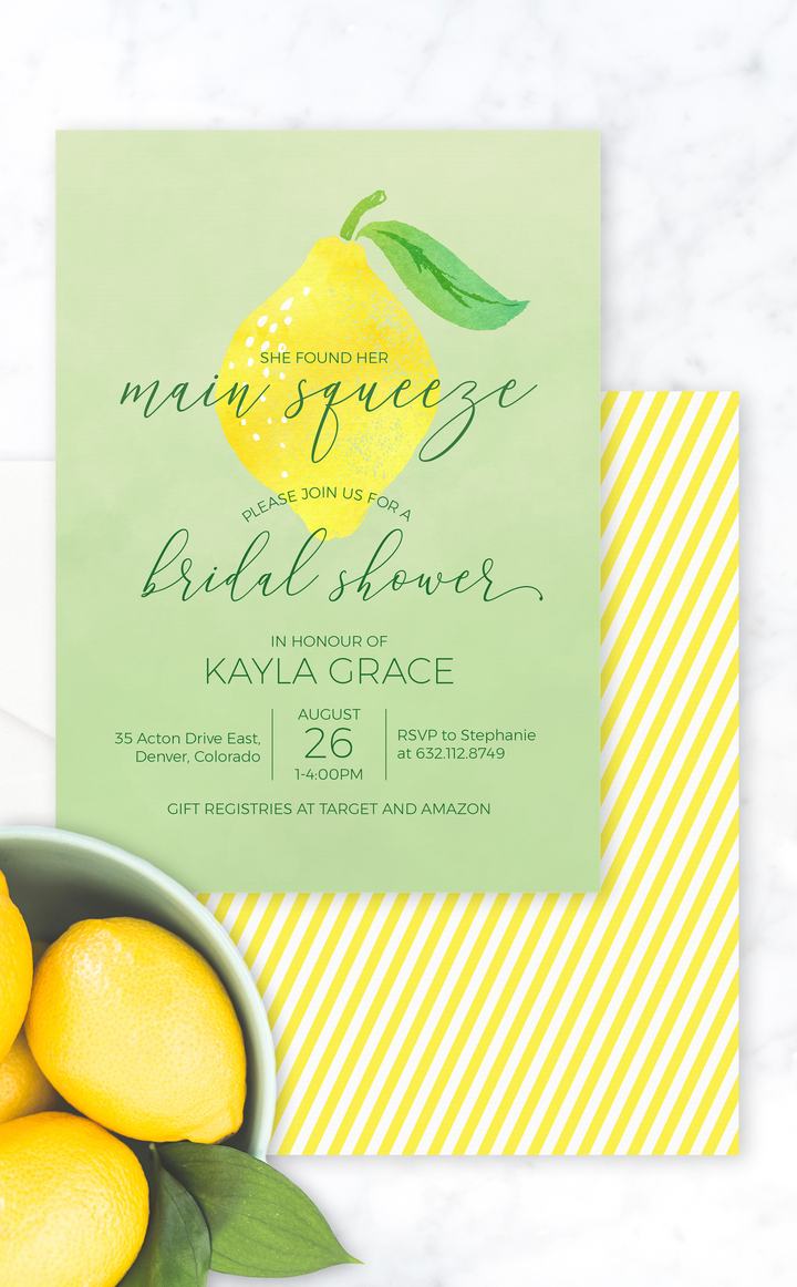 Main Squeeze lemon Bridal Shower invitation printable file in yellow and green