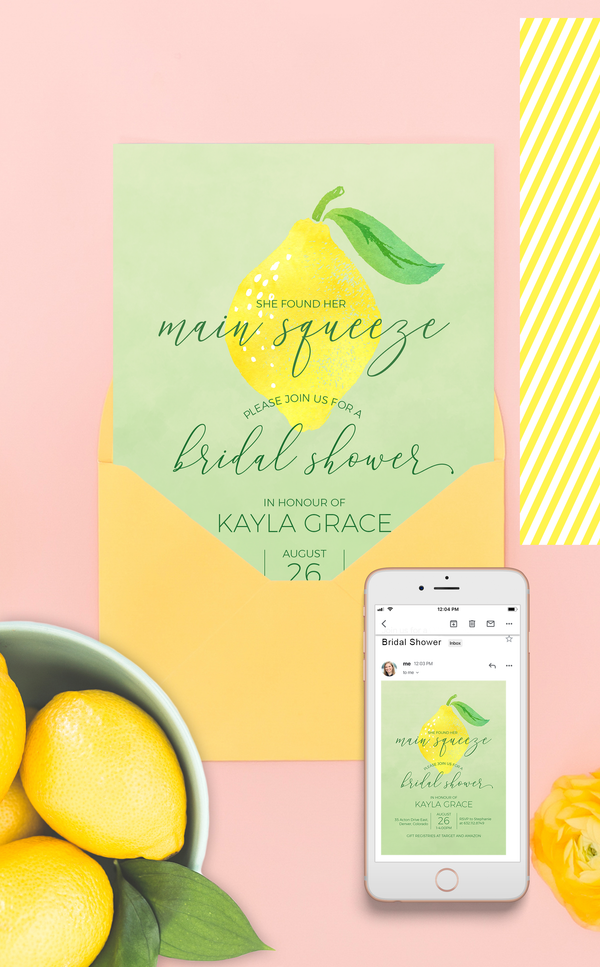 Main Squeeze lemon Bridal Shower invitation printable file in yellow and green