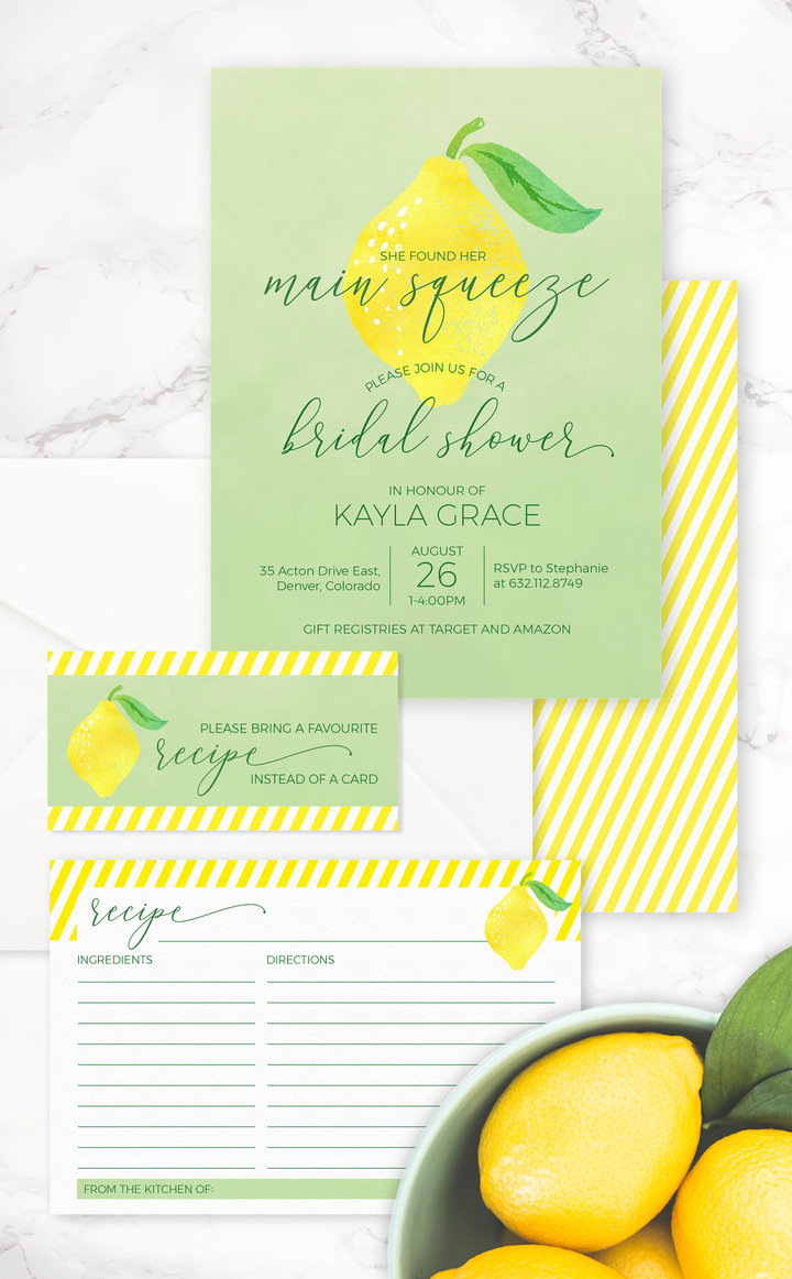 "She Found her Main Squeeze" lemon Bridal Shower invitation and recipe cards