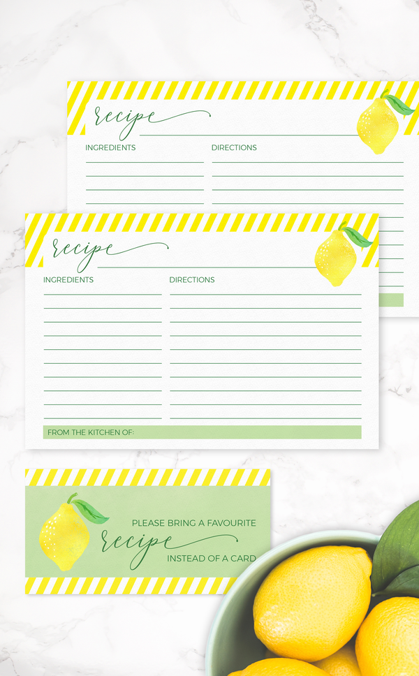 Printable recipe cards for lemon Bridal Shower in yellow and green