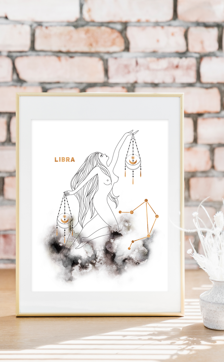 Libra Zodiac Sign Astrology Print with Libra Constellation in black and gold