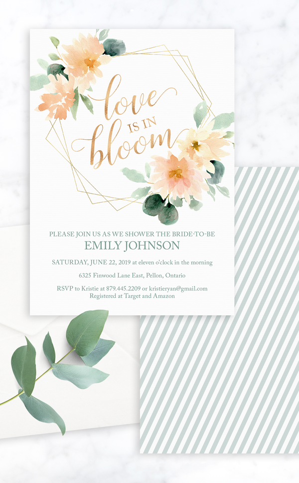 Love is in Bloom bridal shower invitation with peach floral and gold design