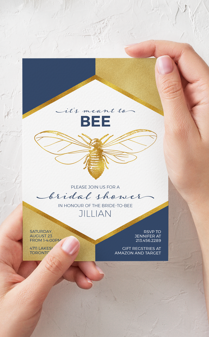 Meant to Bee bridal shower invitation in gold and navy