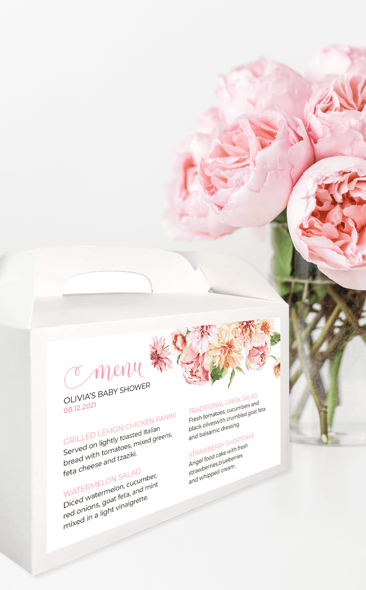 Pink Floral Baby in Bloom Menu | Editable Food Box Labels - ARRA Creative