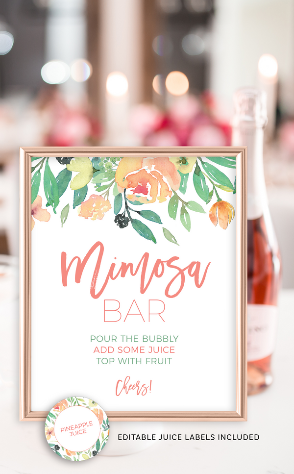 Mimosa bar sign and juice labels on display at bridal shower