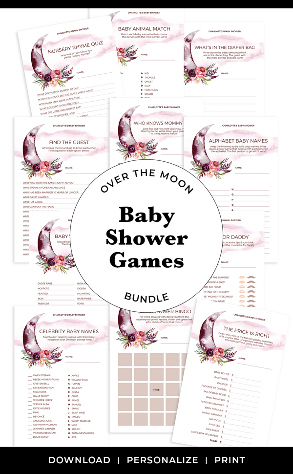 Burgundy Over the Moon Baby Shower Games Printable Bundle