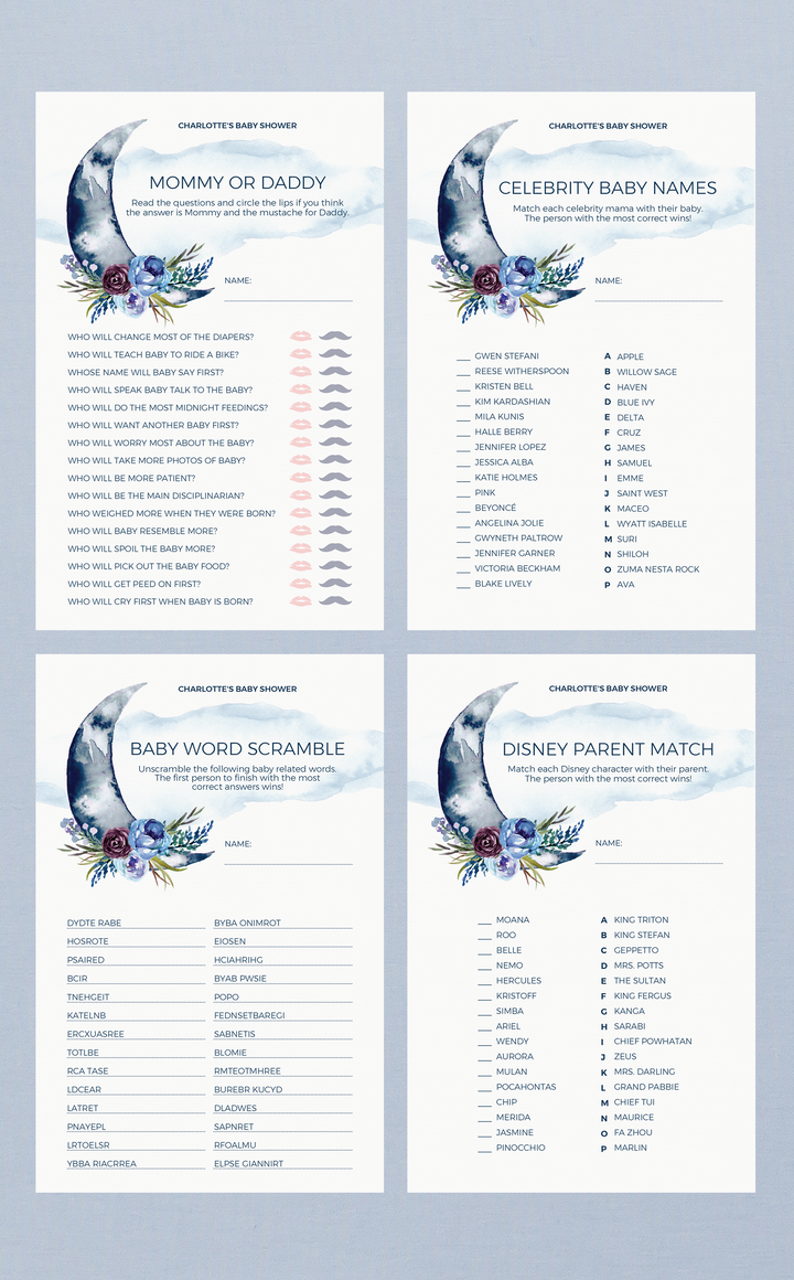 Navy Over the Moon Baby Shower Games Printable Bundle