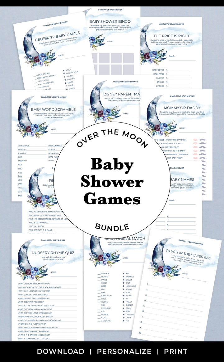 Navy Over the Moon Baby Shower Games Printable Bundle