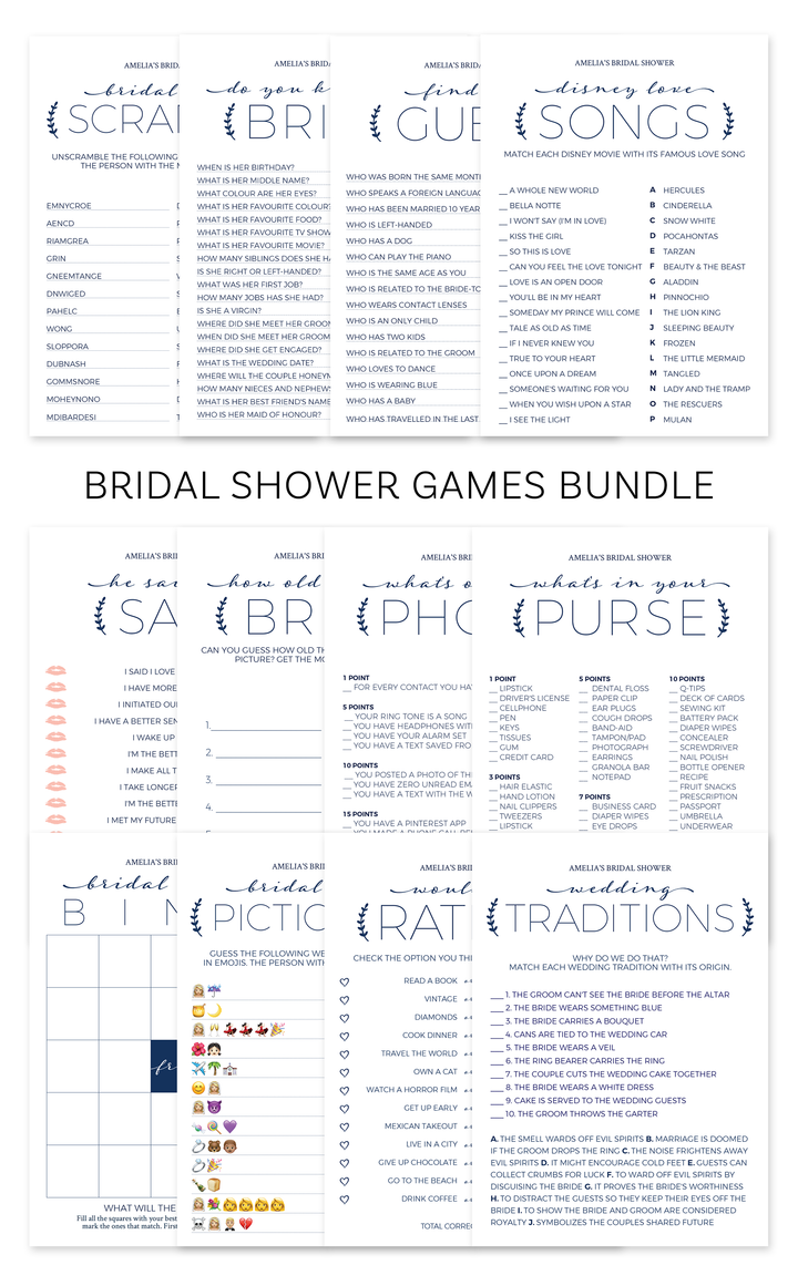 Navy Bridal Shower Games Bundle - ARRA Creative