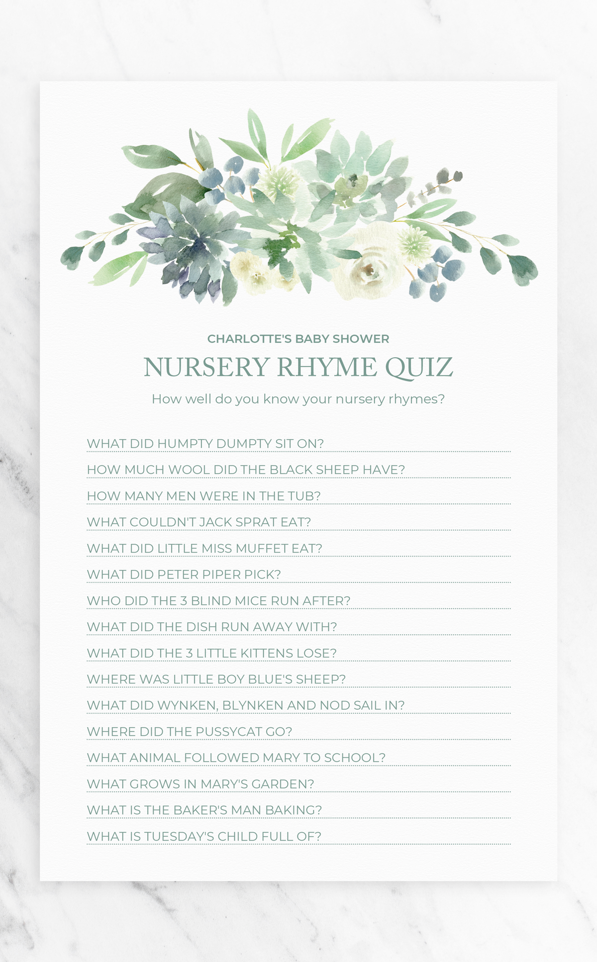 succulent game animal Printable Succulent Baby Shower Games