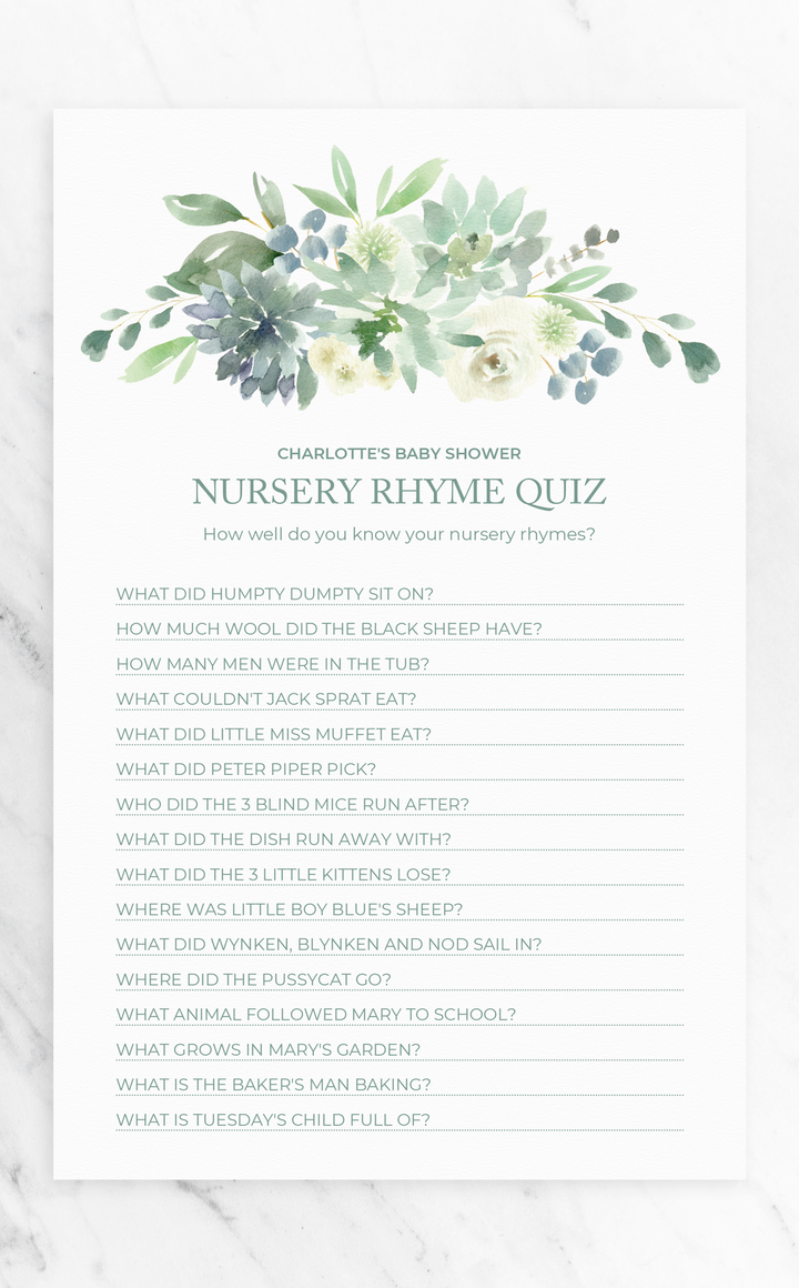 Succulent Nursery Rhyme Quiz Baby Shower Game - ARRA Creative