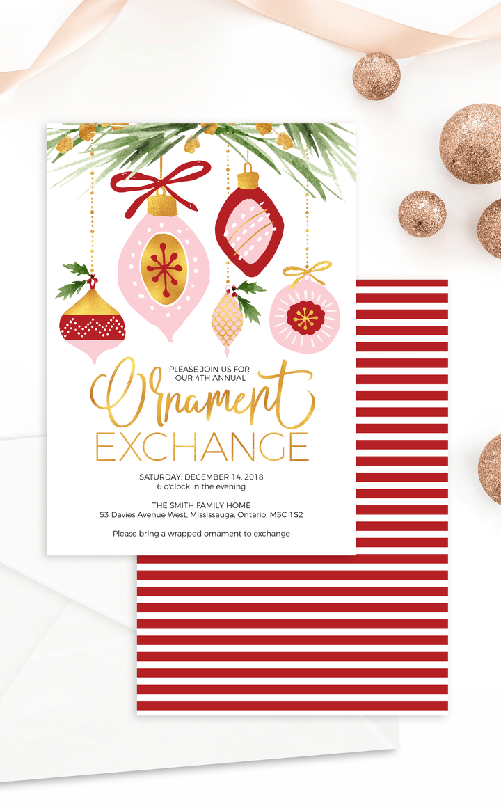 Ornament exchange Christmas party invitation, red and pink