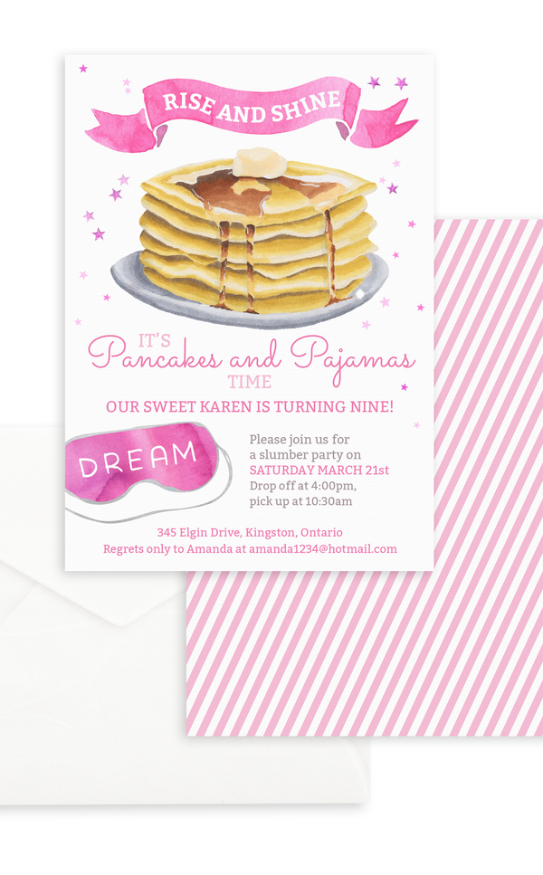 Pancakes and pajamas birthday invitation for girl slumber party