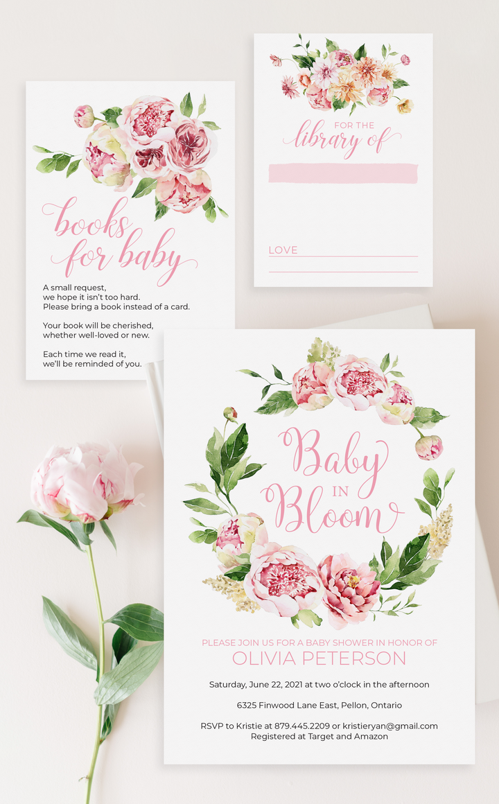 Baby in Bloom invitation and books for baby insert cards