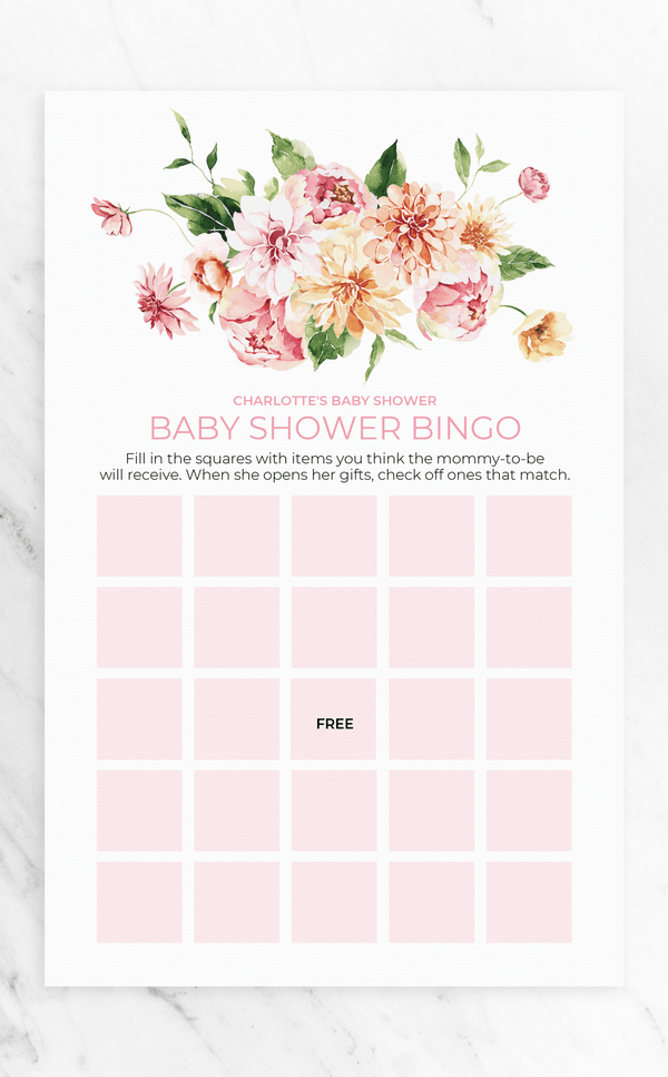 Pink Floral Baby Shower Bingo Game - ARRA Creative