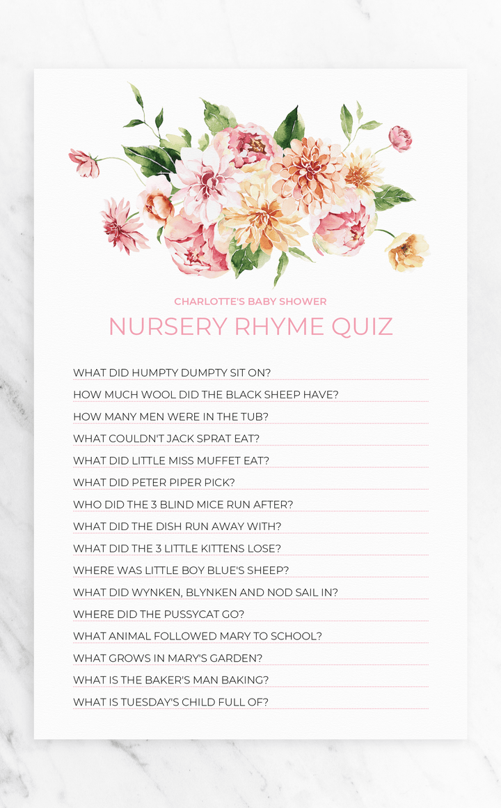 Pink Floral Baby Shower Nursery Rhyme Quiz - ARRA Creative