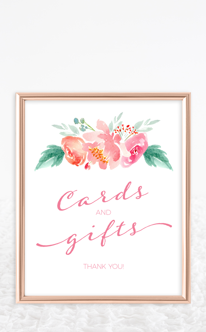 Framed pink floral Cards and Gifts sign for Bridal Shower