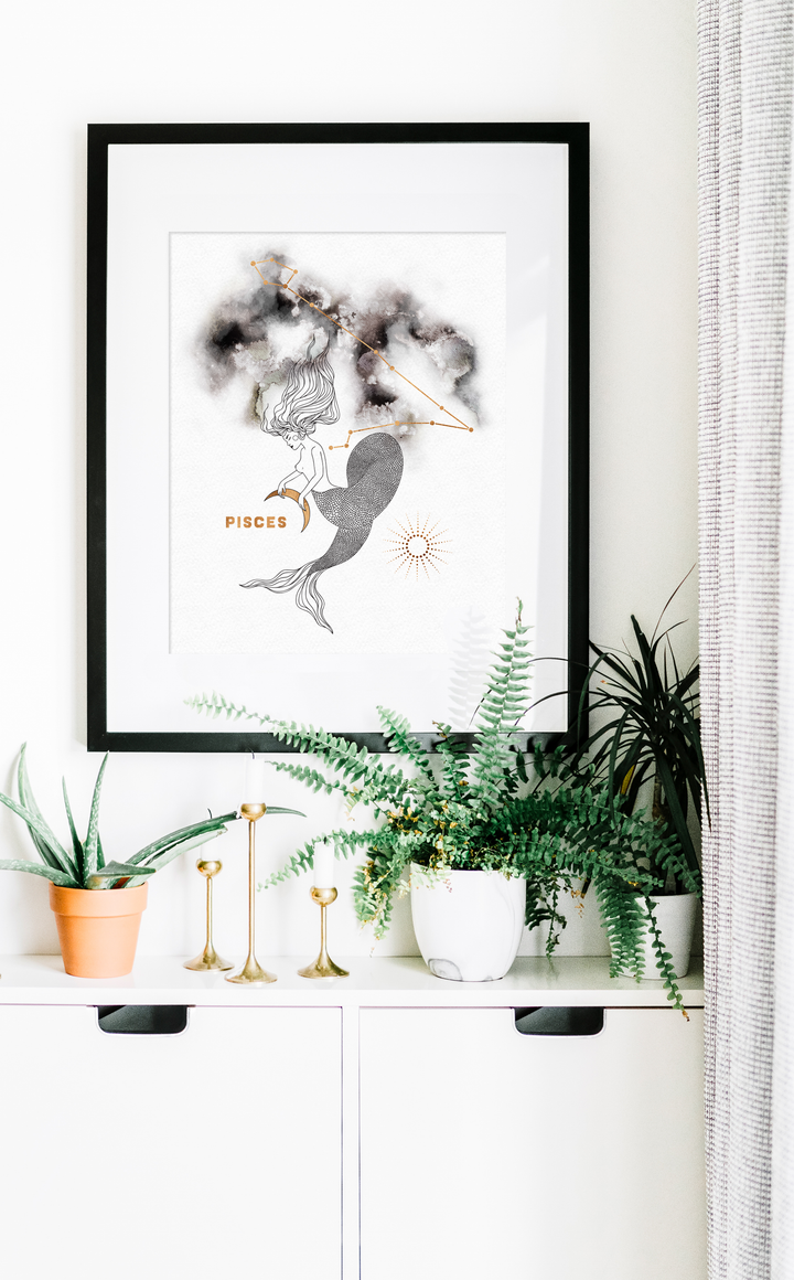 Pisces Zodiac Astrology Print with Pisces Constellation in black and gold