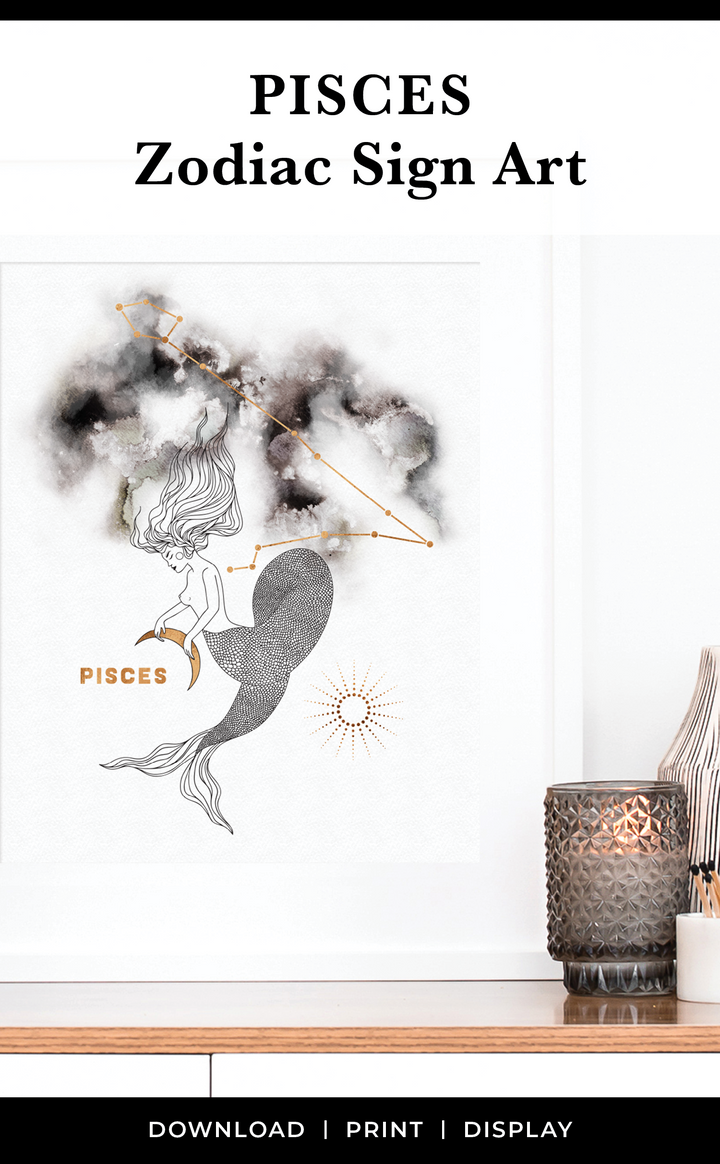 Zodiac signs art for Pisces Horoscope | Pisces Astrology Print with Constellation in black and gold