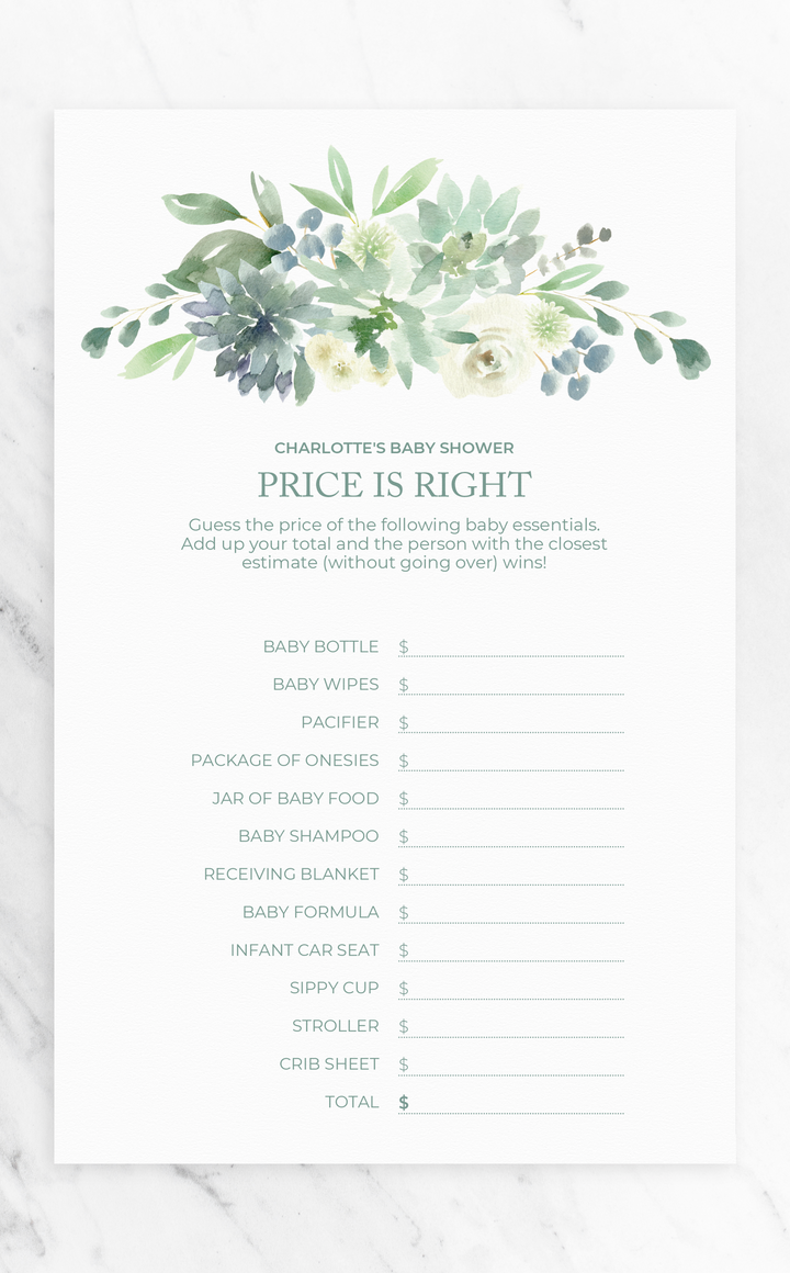 Succulent Baby Shower Game - The Price is Right