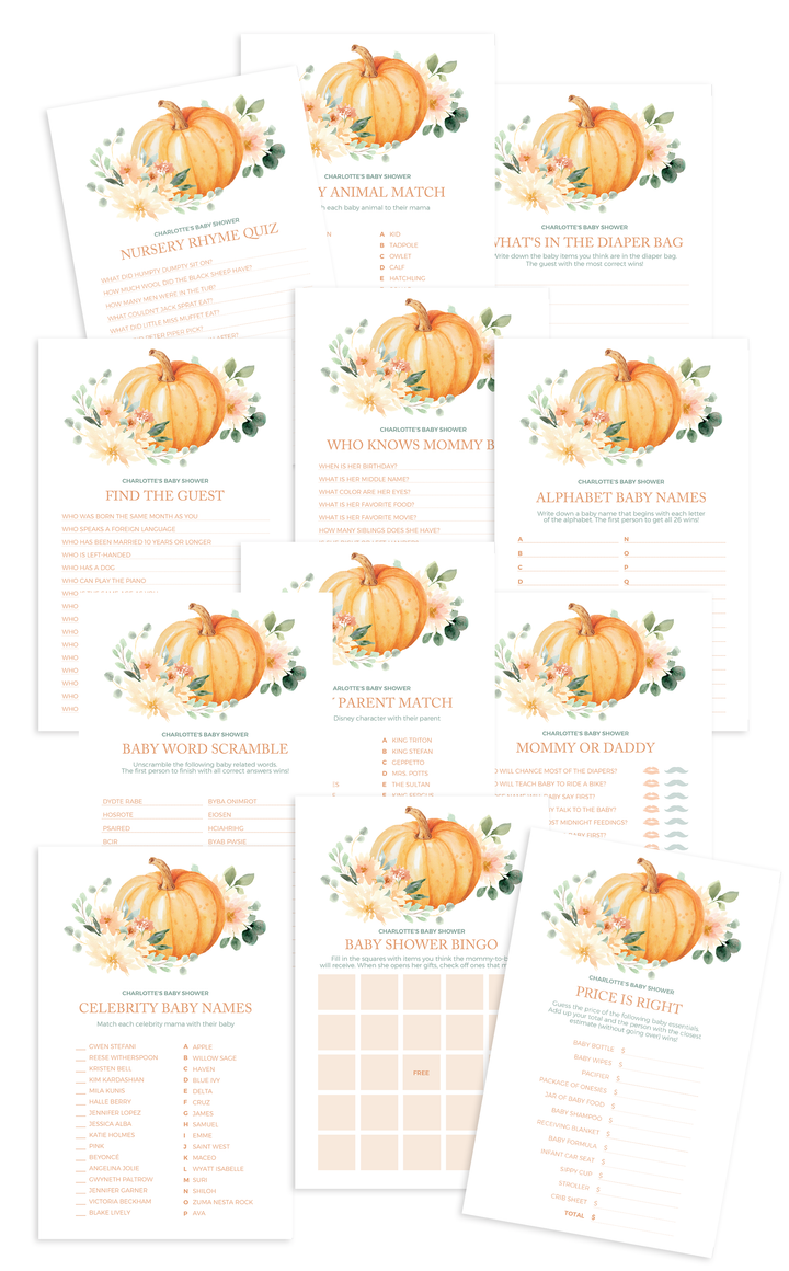 Twelve printable pumpkin baby shower games