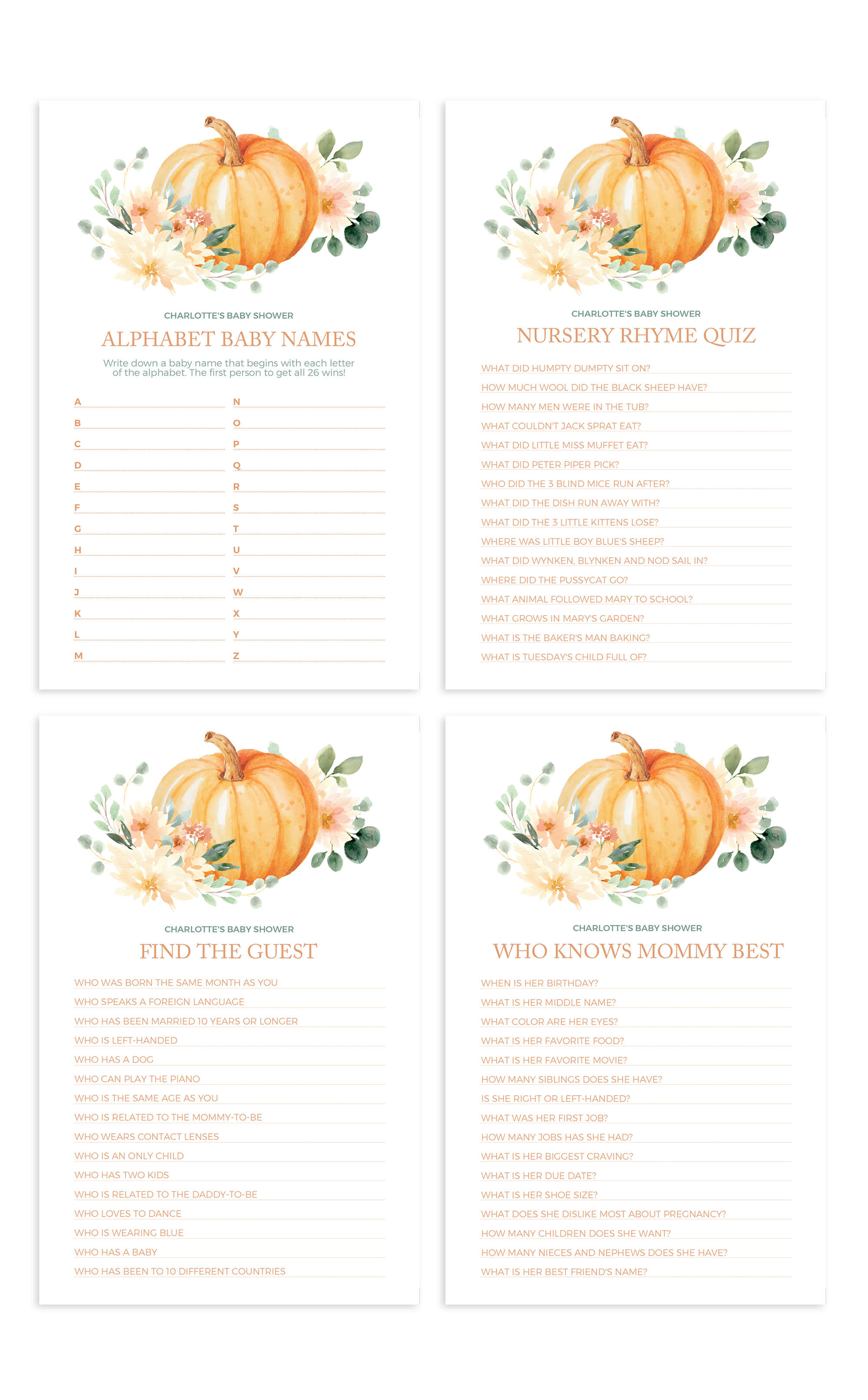 Pumpkin Baby Shower Games Bundle 