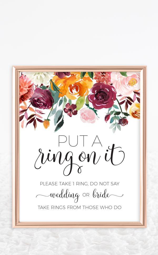 Put a ring on it bridal shower game sign with burgundy floral design
