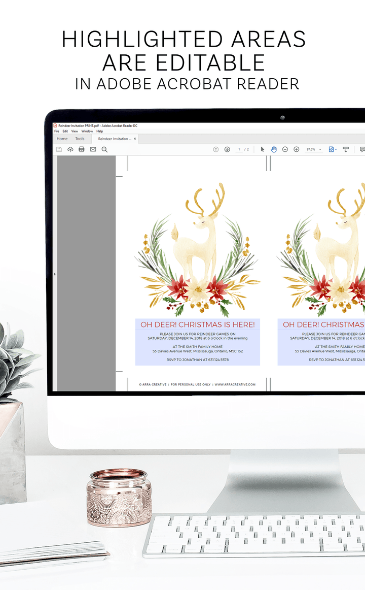 Oh Deer! Christmas is Here | Printable Reindeer Party Invitation you can Personalize