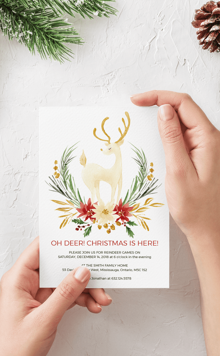 Oh Deer! Christmas is Here | Printable Reindeer Party Invitation