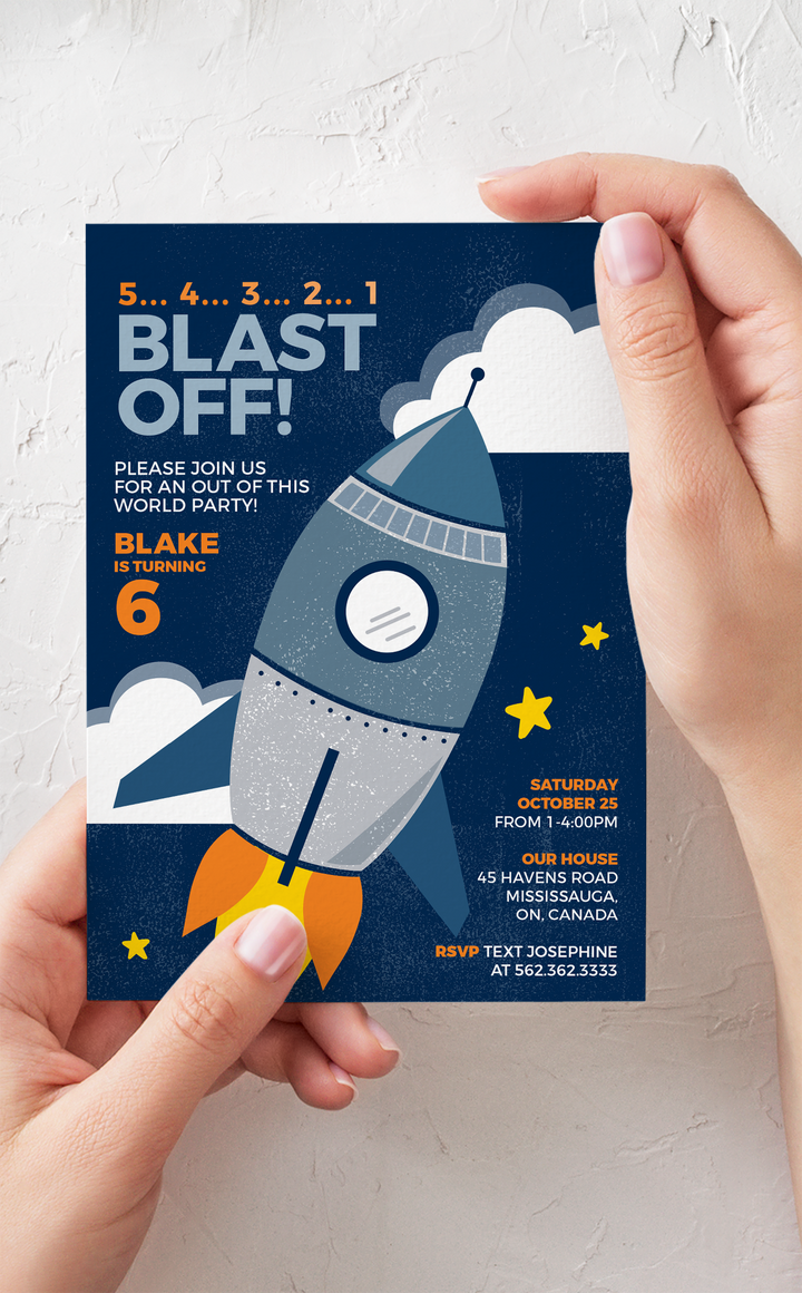 Rocket space themed birthday party invitation for kids