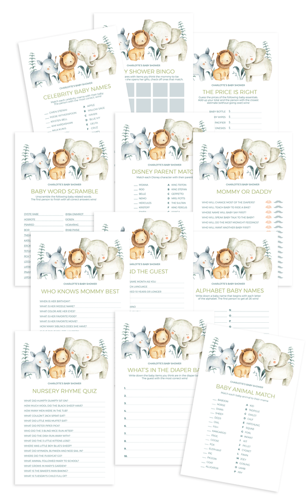 Set of 12 Printable Safari Animal Baby Shower Games - ARRA Creative