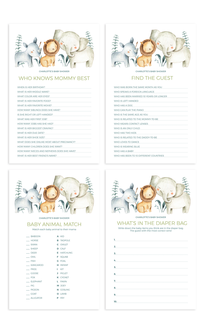 Set of 12 Printable Safari Animal Baby Shower Games - ARRA Creative